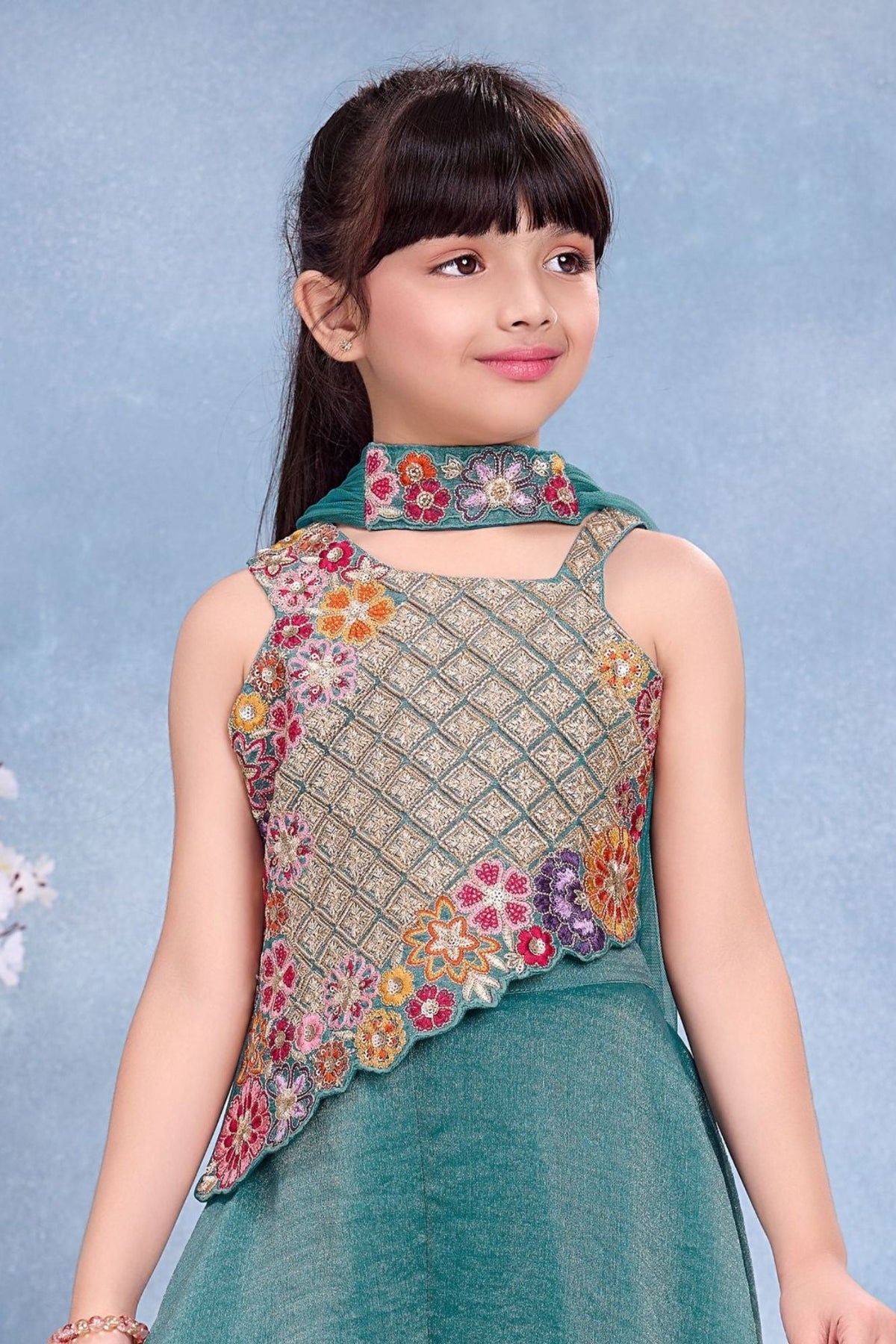 Girls Teal Blue Multicolor Floral  Embroidered Asymmetric Palazzo Set With Dupatta
