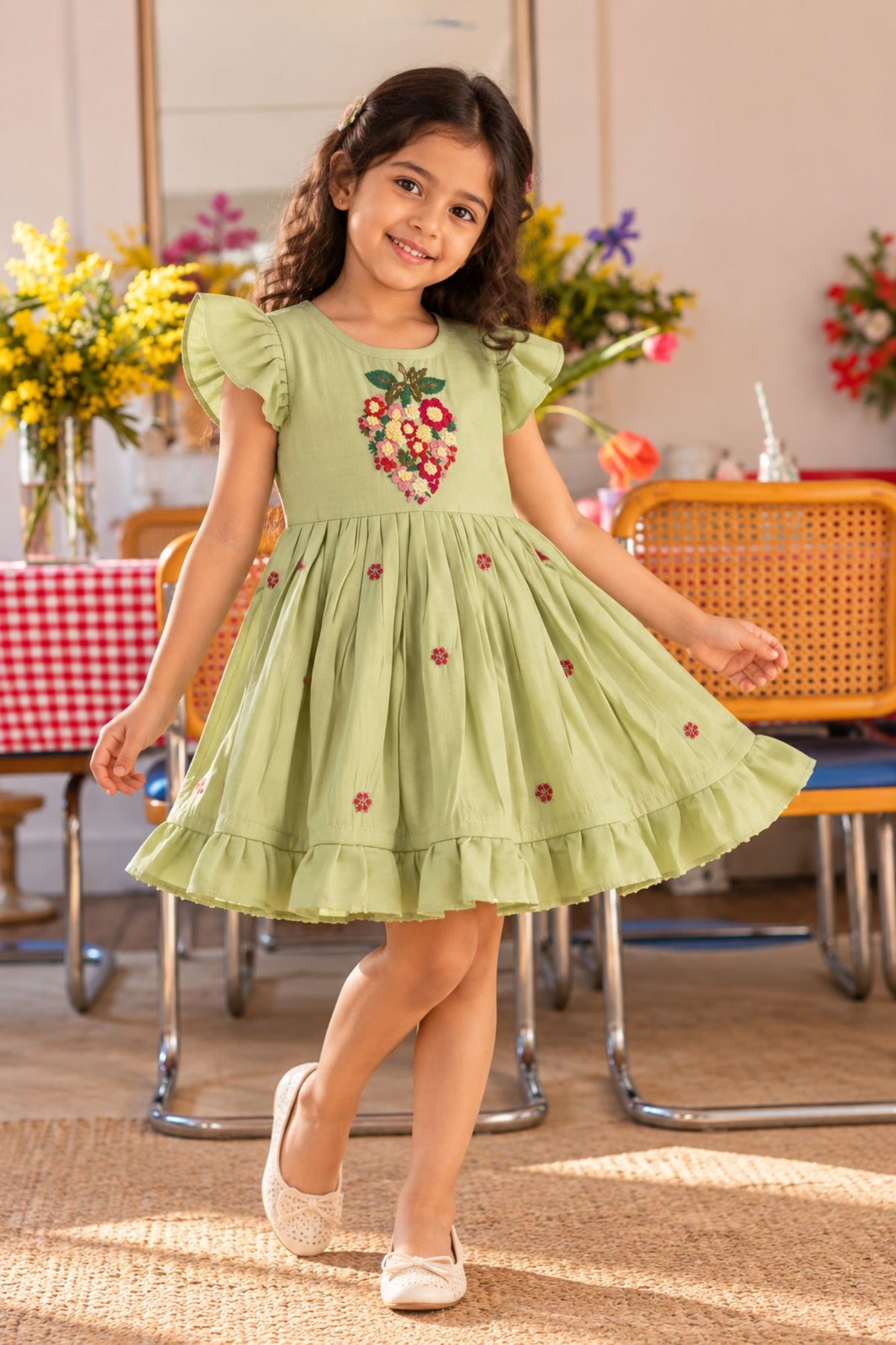 Girls Pista Green Floral Embroidered Flared Dress