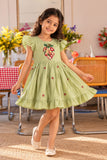 Girls Pista Green Floral Embroidered Flared Dress