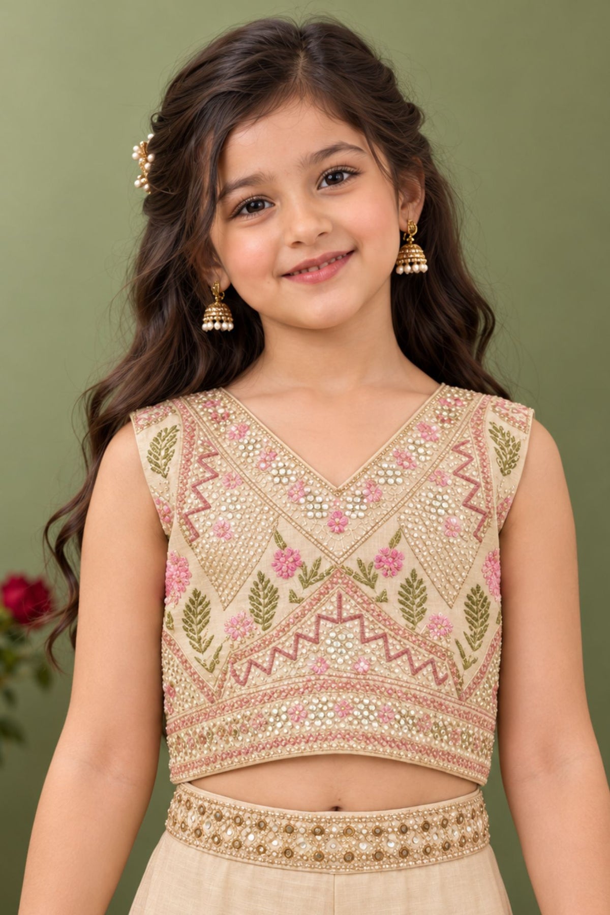 Girls Cream Floral Embroidered Palazzo Set With Dupatta