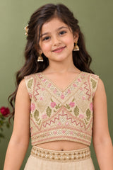 Girls Cream Floral Embroidered Palazzo Set With Dupatta