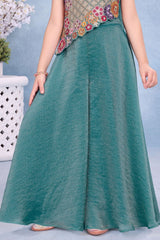 Girls Teal Blue Multicolor Floral  Embroidered Asymmetric Palazzo Set With Dupatta