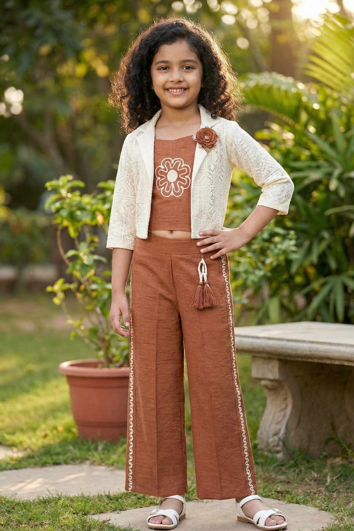Brown Co-Ord Set with Lace Cropped Jacket For Girls