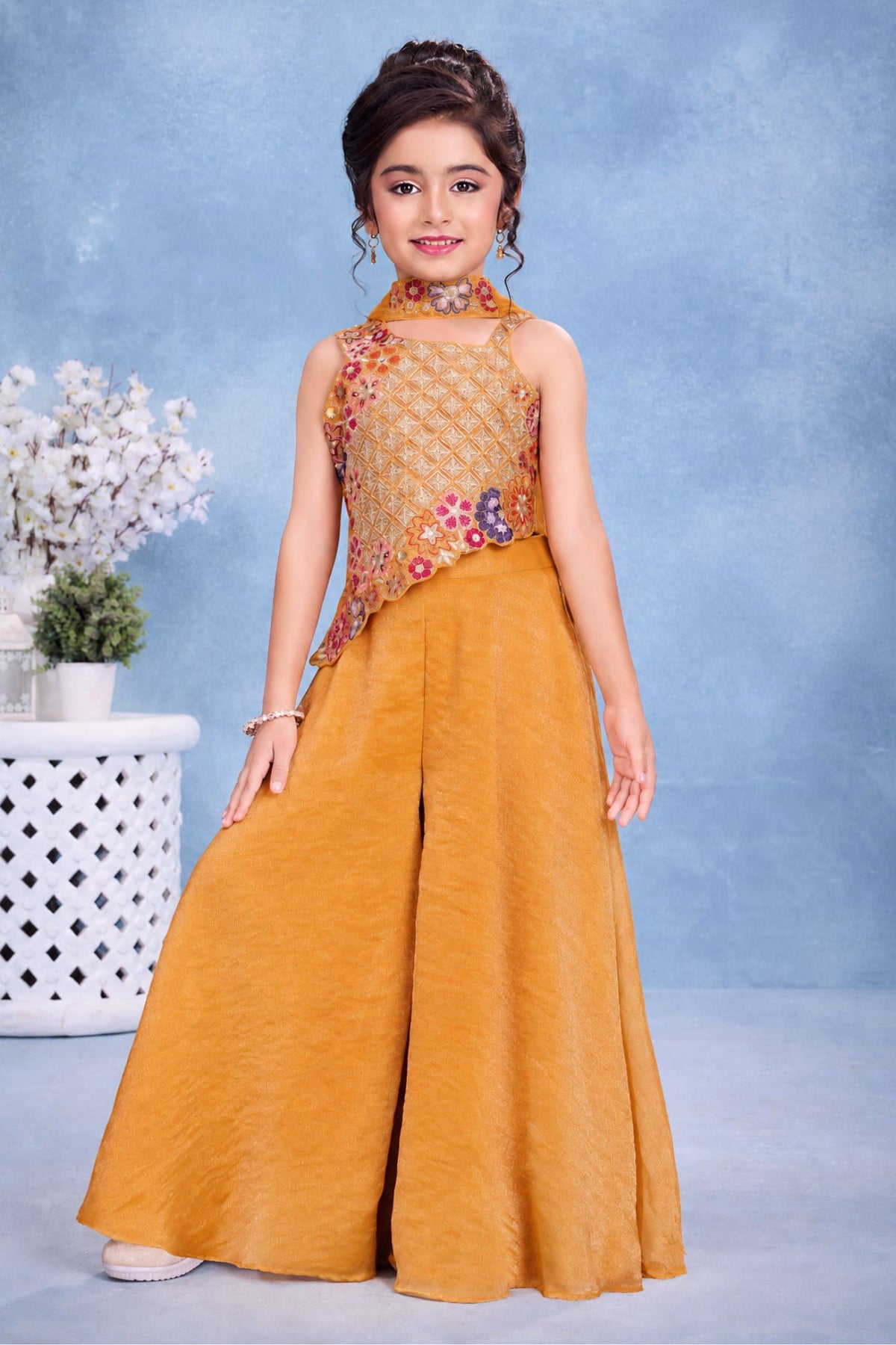 Girls Yellow Multicolor Floral  Embroidered Asymmetric Palazzo Set With Dupatta