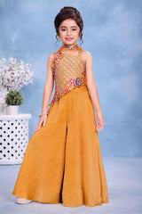 Girls Yellow Multicolor Floral  Embroidered Asymmetric Palazzo Set With Dupatta