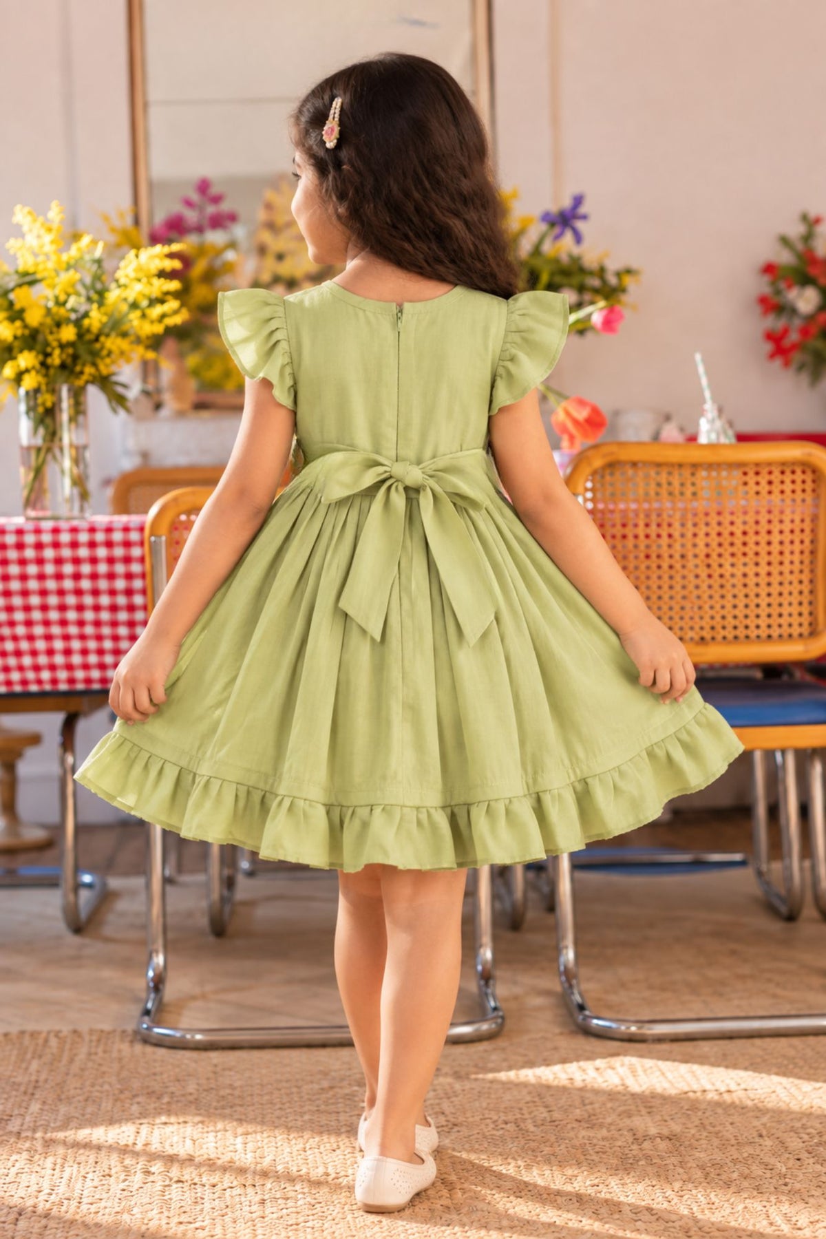Girls Pista Green Floral Embroidered Flared Dress
