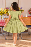 Girls Pista Green Floral Embroidered Flared Dress
