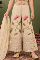 Girls Cream Floral Embroidered Palazzo Set With Dupatta