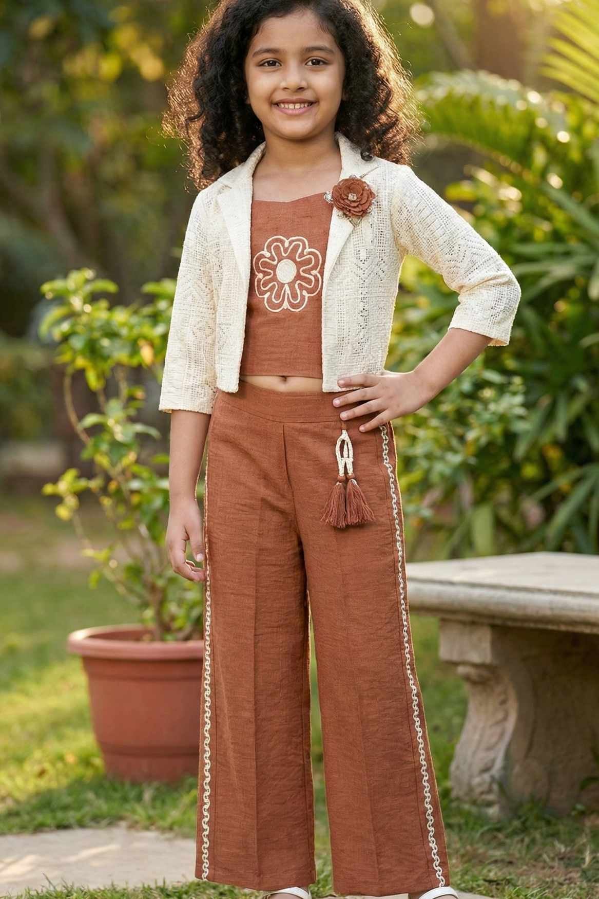 Brown Co-Ord Set with Lace Cropped Jacket For Girls