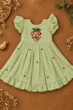 Girls Pista Green Floral Embroidered Flared Dress