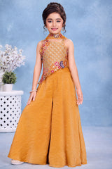 Girls Yellow Multicolor Floral  Embroidered Asymmetric Palazzo Set With Dupatta