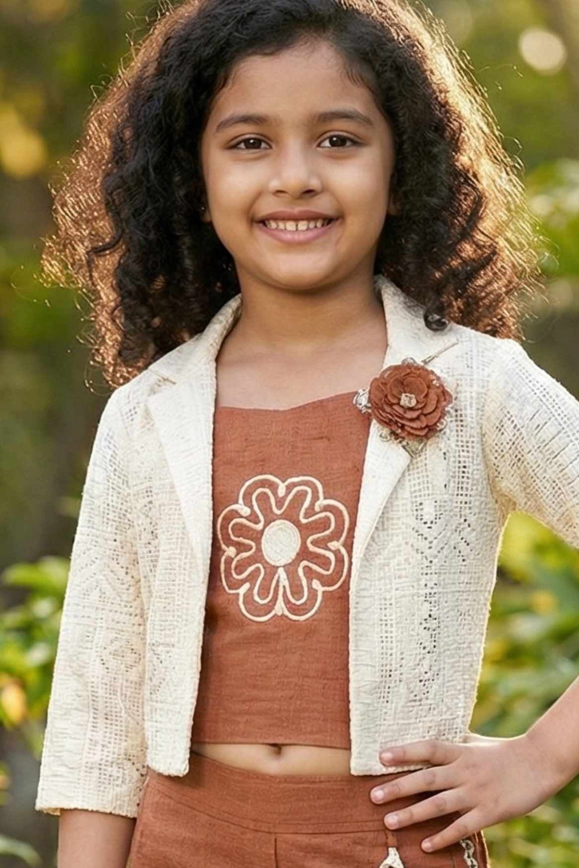 Brown Co-Ord Set with Lace Cropped Jacket For Girls