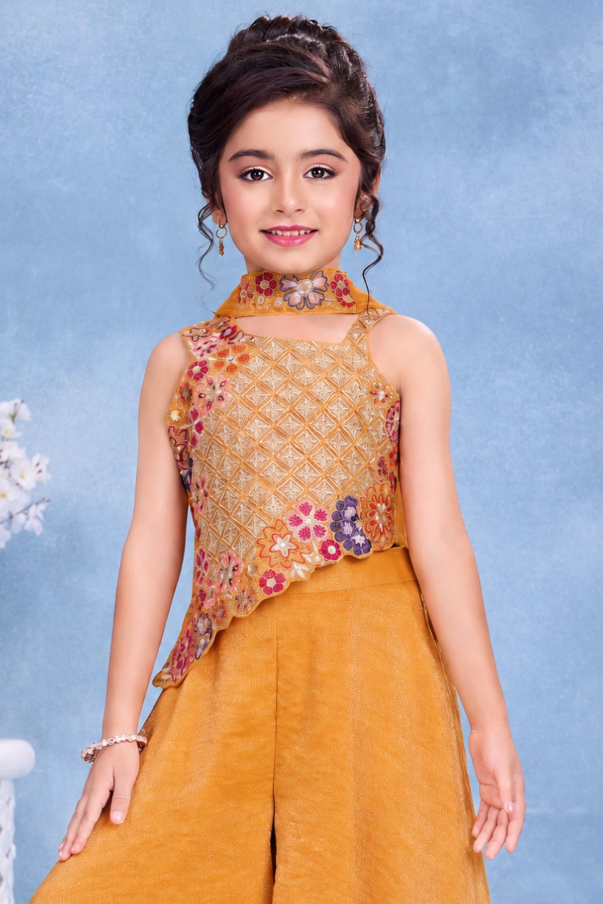 Girls Yellow Multicolor Floral  Embroidered Asymmetric Palazzo Set With Dupatta