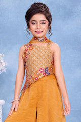 Girls Yellow Multicolor Floral  Embroidered Asymmetric Palazzo Set With Dupatta