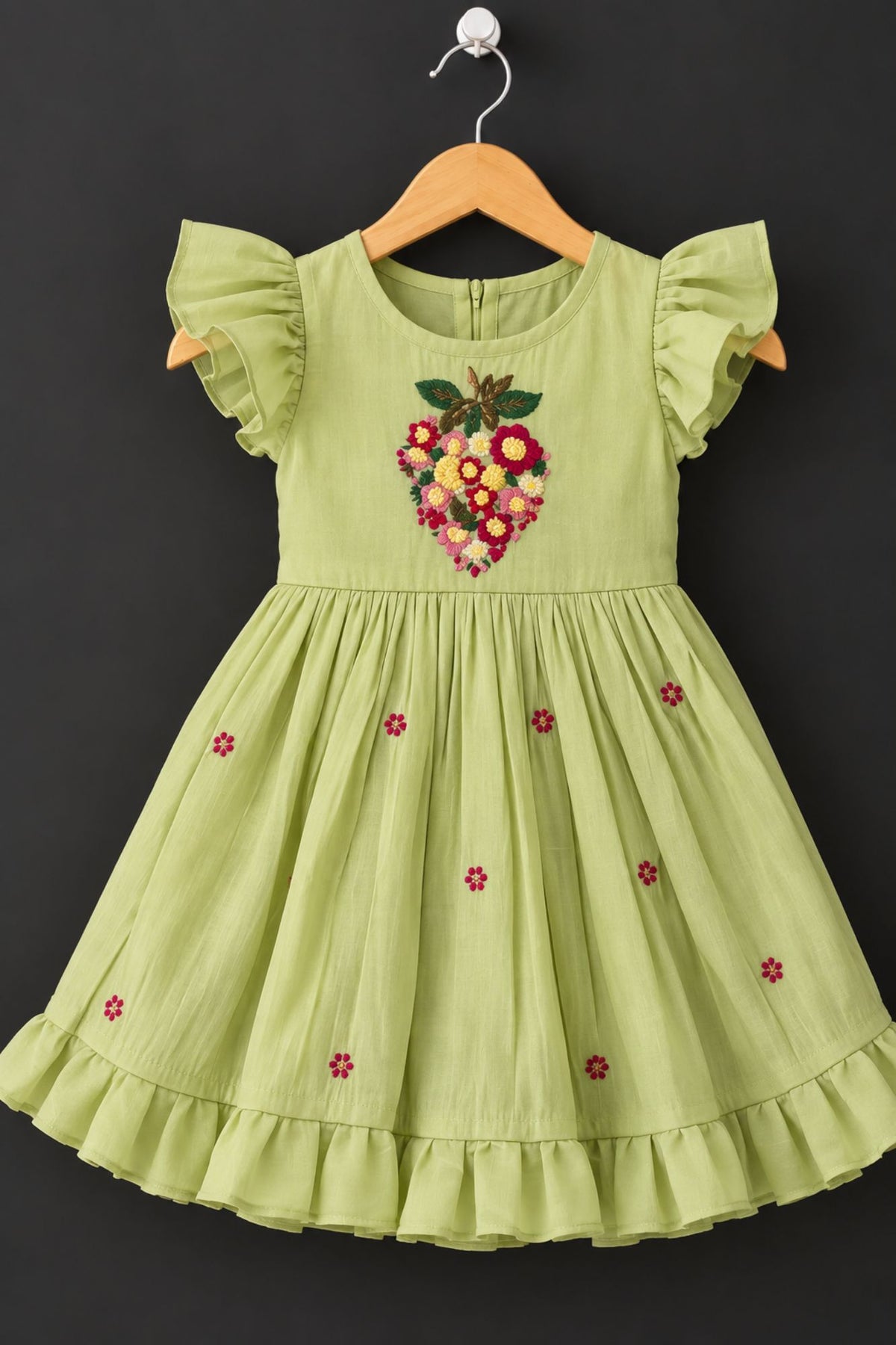 Pista Green Floral Embroidered Flared Dress For Girls