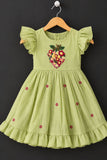Pista Green Floral Embroidered Flared Dress For Girls