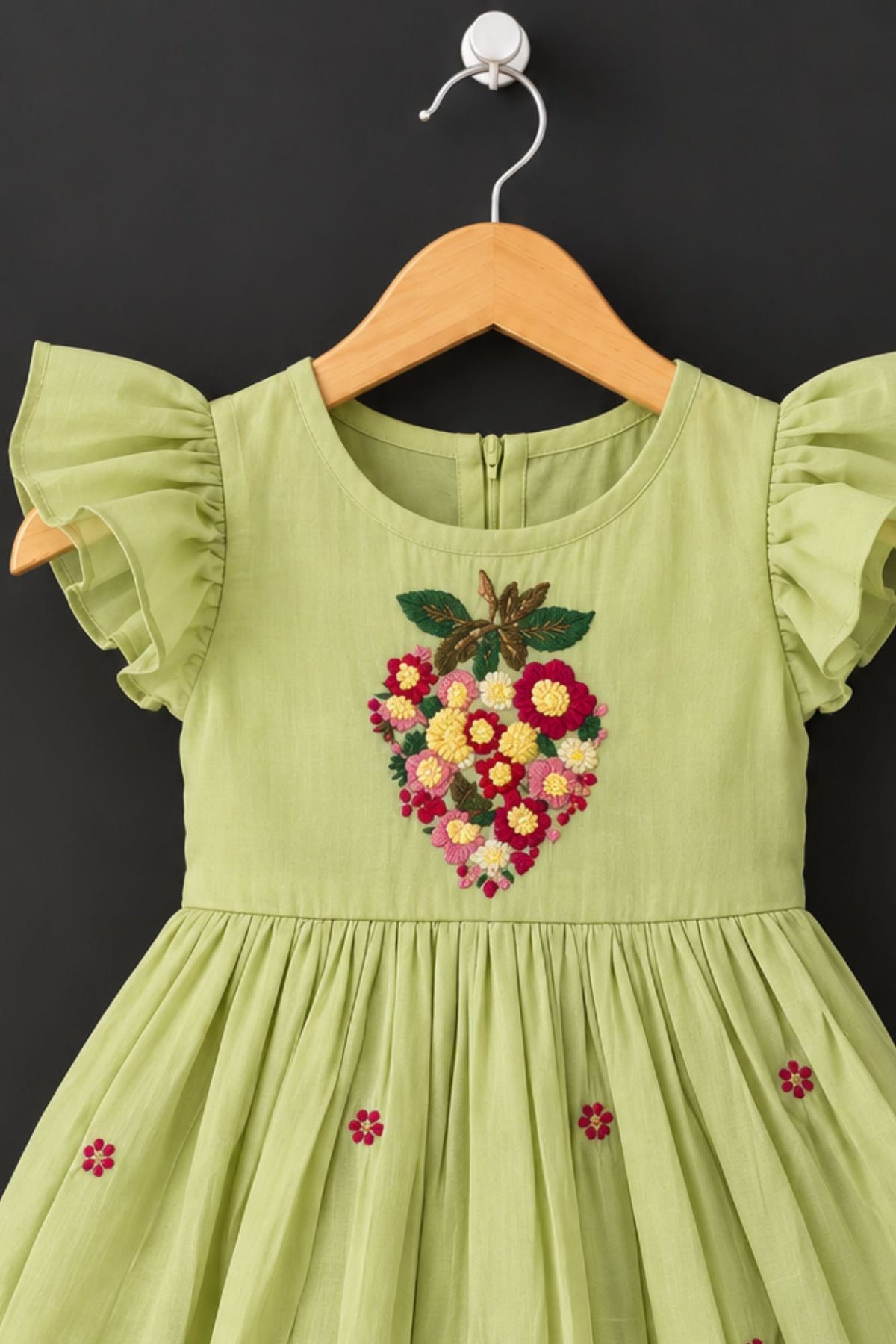 Pista Green Floral Embroidered Flared Dress For Girls