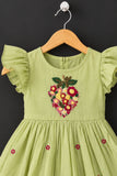 Pista Green Floral Embroidered Flared Dress For Girls
