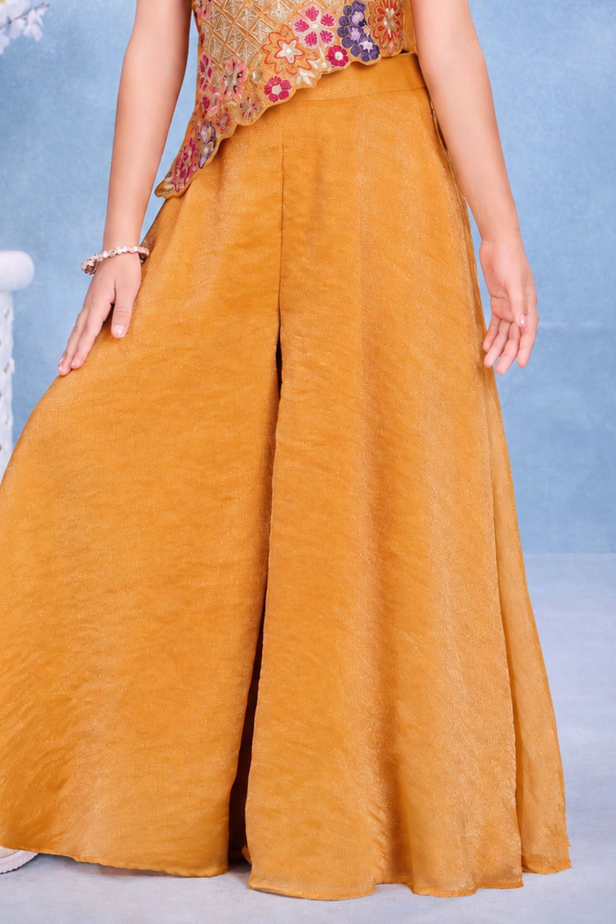 Girls Yellow Multicolor Floral  Embroidered Asymmetric Palazzo Set With Dupatta