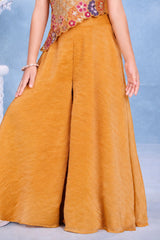 Girls Yellow Multicolor Floral  Embroidered Asymmetric Palazzo Set With Dupatta