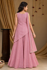Girls Pink Sequin Embroidered Asymmetric Palazzo Set With Dupatta
