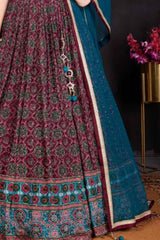 Wine Lehenga Choli Set With Printed And Sequin Work For Girls