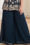 Navy Blue Embroidered Georgette Palazzo Set For Girls