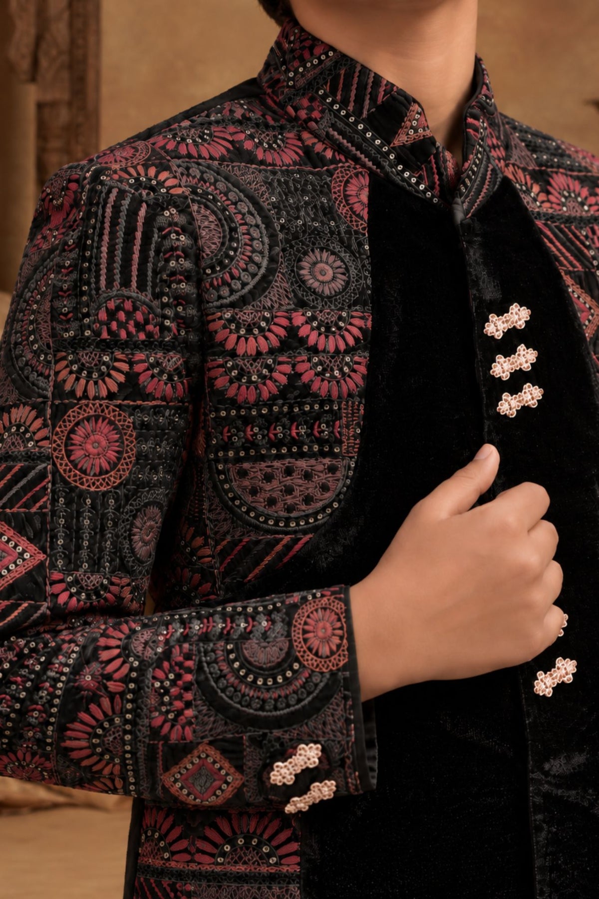 Black Velvet Embroidered Sherwani Set With Pants For Boys