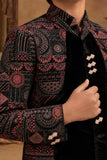 Black Velvet Embroidered Sherwani Set With Pants For Boys