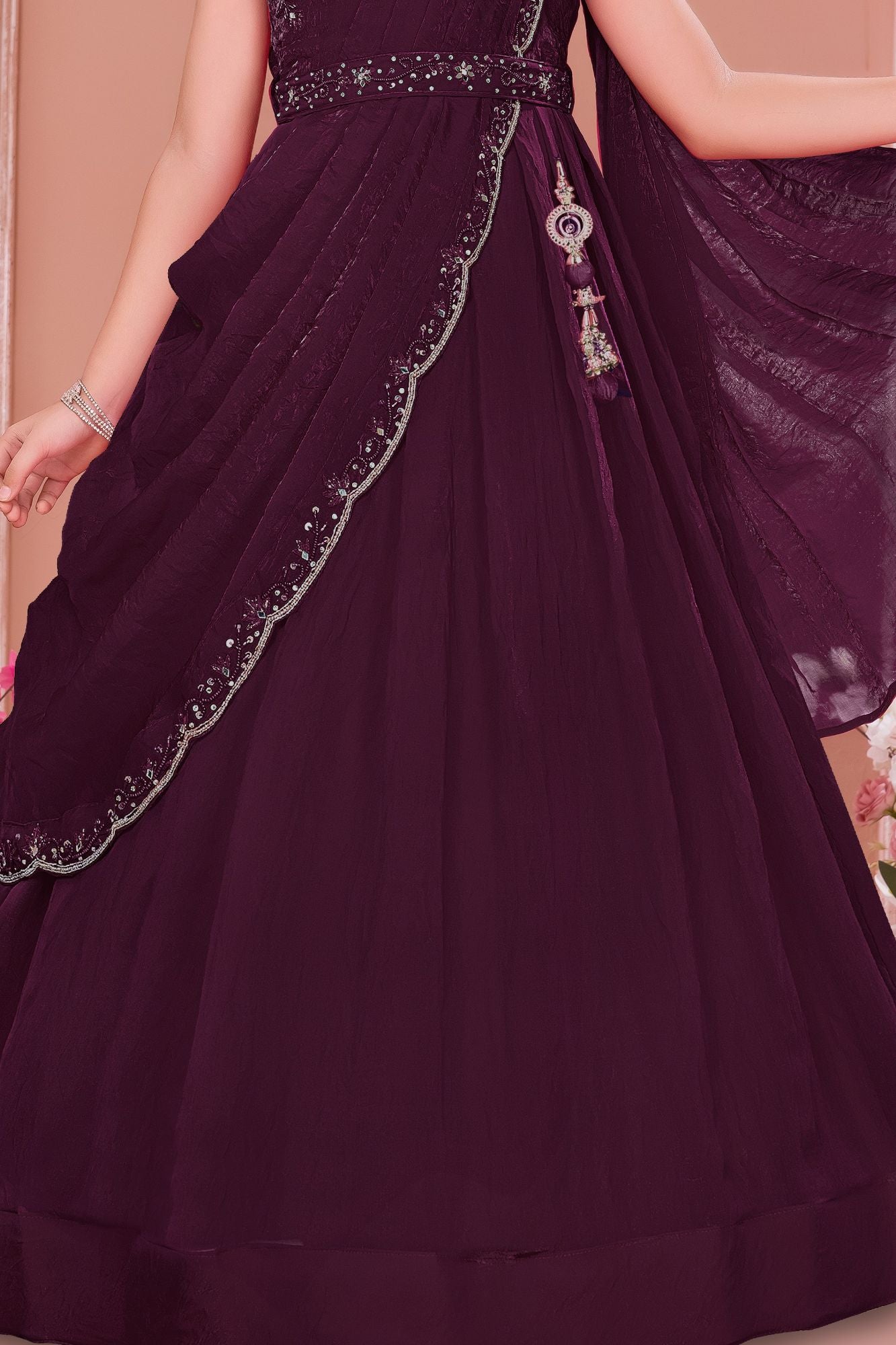 Girls Wine Embroidered Lehenga Choli with Draped Dupatta And Tassel Detailing