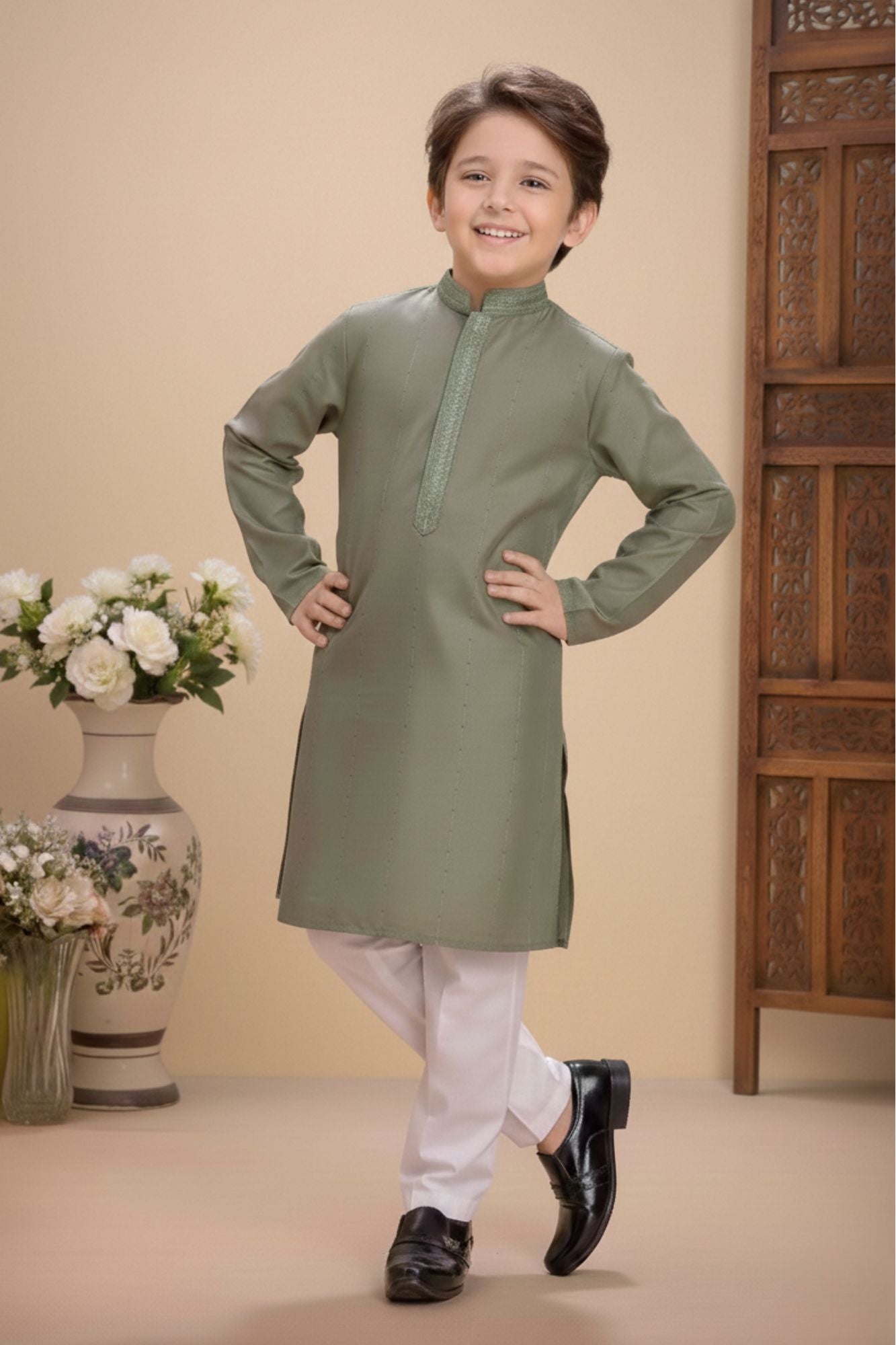 Classic Olive Green Kurta Pajama Set For Boys