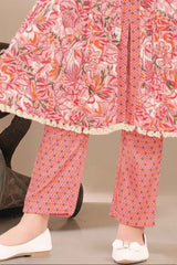 Peach Floral Printed And Sequins Work Kurta With Pant Set For Girls