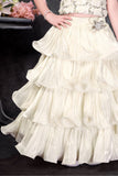 Ivory Sequin Crop Top Lehenga Set with Layered Ruffle Skirt And Dupatta For Girls