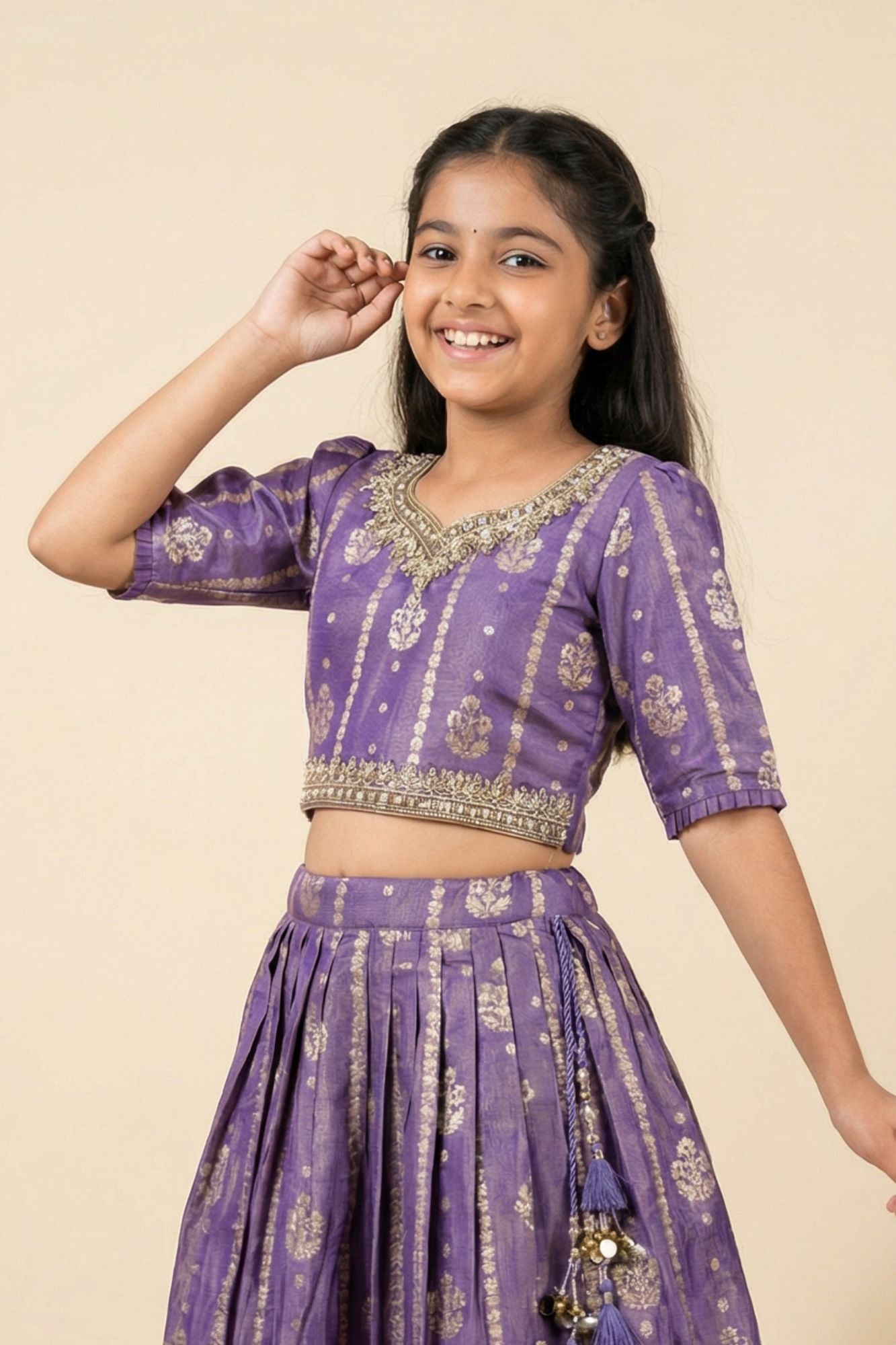 Royal Purple Zari Woven Lehenga Choli Set For Girls