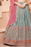Sea Green Lehenga Choli Set with Mirror And Floral Embroidery For Girls