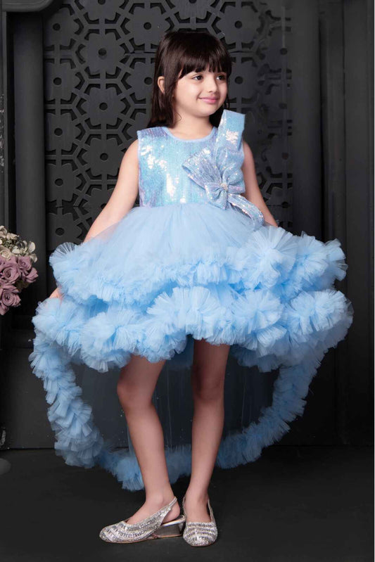 Blue Sleeveless And Sequins With Bow Embellished Tailback Frock For Girls