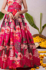 Rani Pink Gown With Printed And Mirror Work For Girls