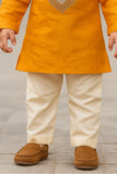 Classic Mustard Yellow Embroidered Kurta with Cream Pajama Set For Boys