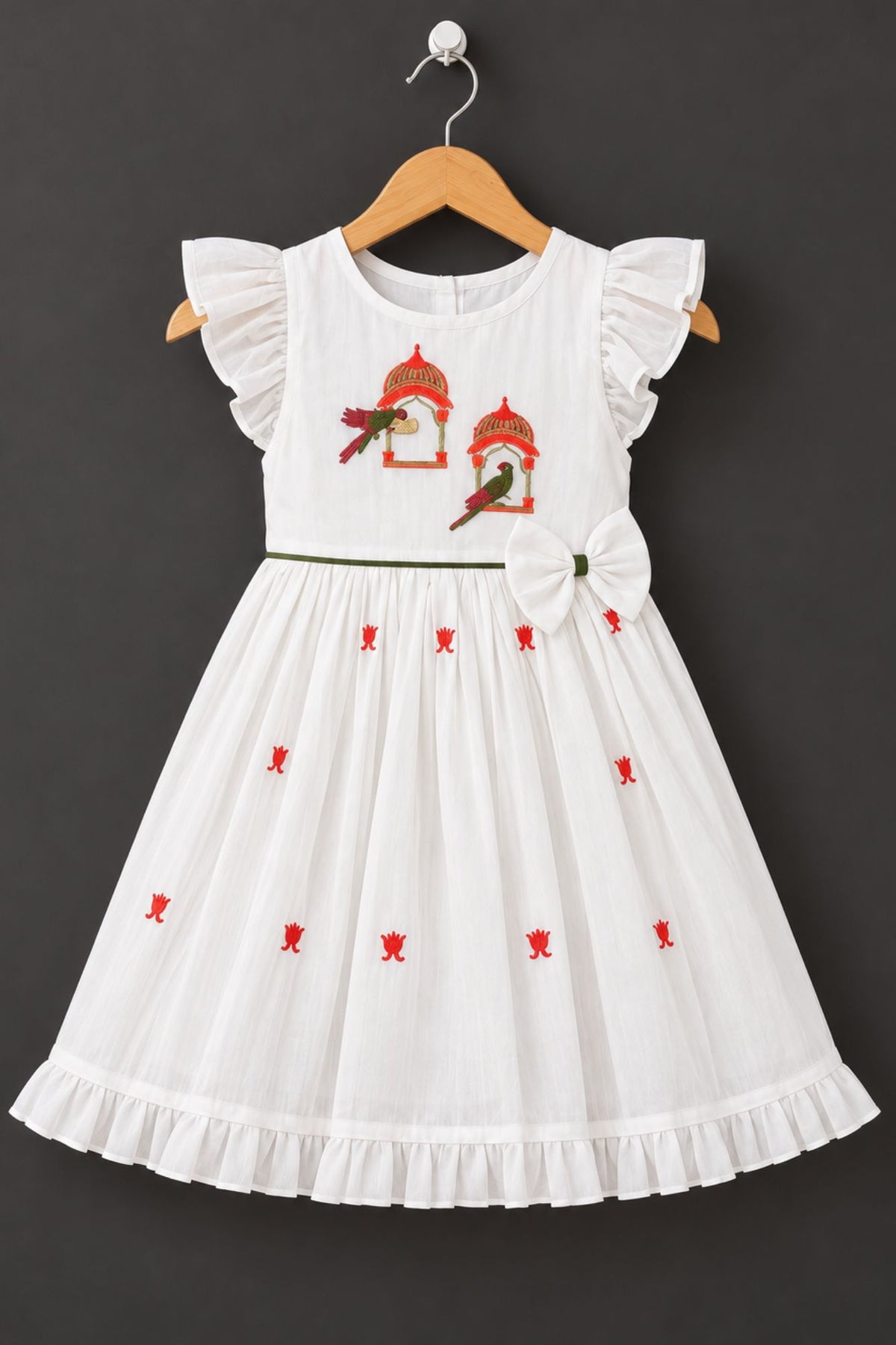 Girls White Bird Motif Embroidered Ruffle Sleeve Flared Dress