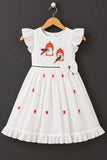 Girls White Bird Motif Embroidered Ruffle Sleeve Flared Dress