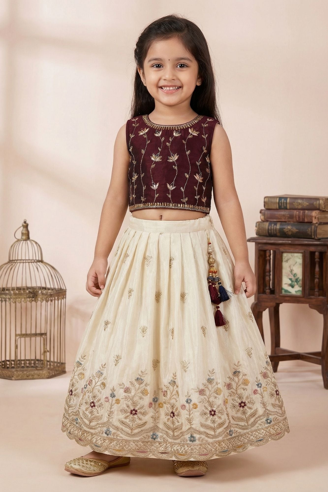 Cream Embroidered Lehenga Choli With Floral Border Design For Girls