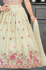 Cream Sleeveless And Sequins Embroidered Lehenga Choli Set For Girls