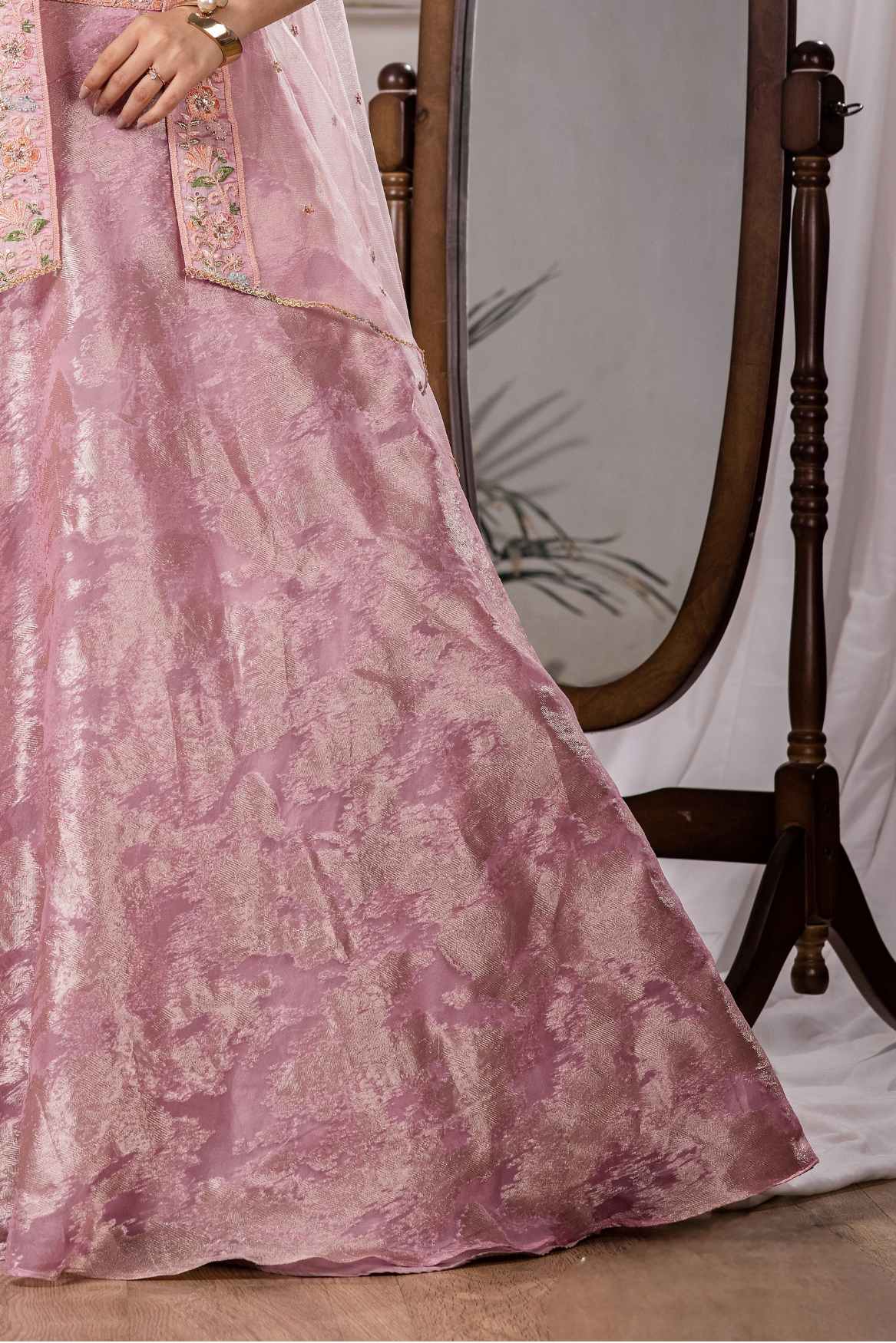 Pink Sequins Embroidered Lehenga Choli Set With Over Coat Set For Girls