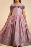Girls Mauve Pink Shimmer Off-Shoulder Party Wear Gown