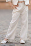 Stylish Cream Textured Design Top And Pant Set With Overcoat For Girls