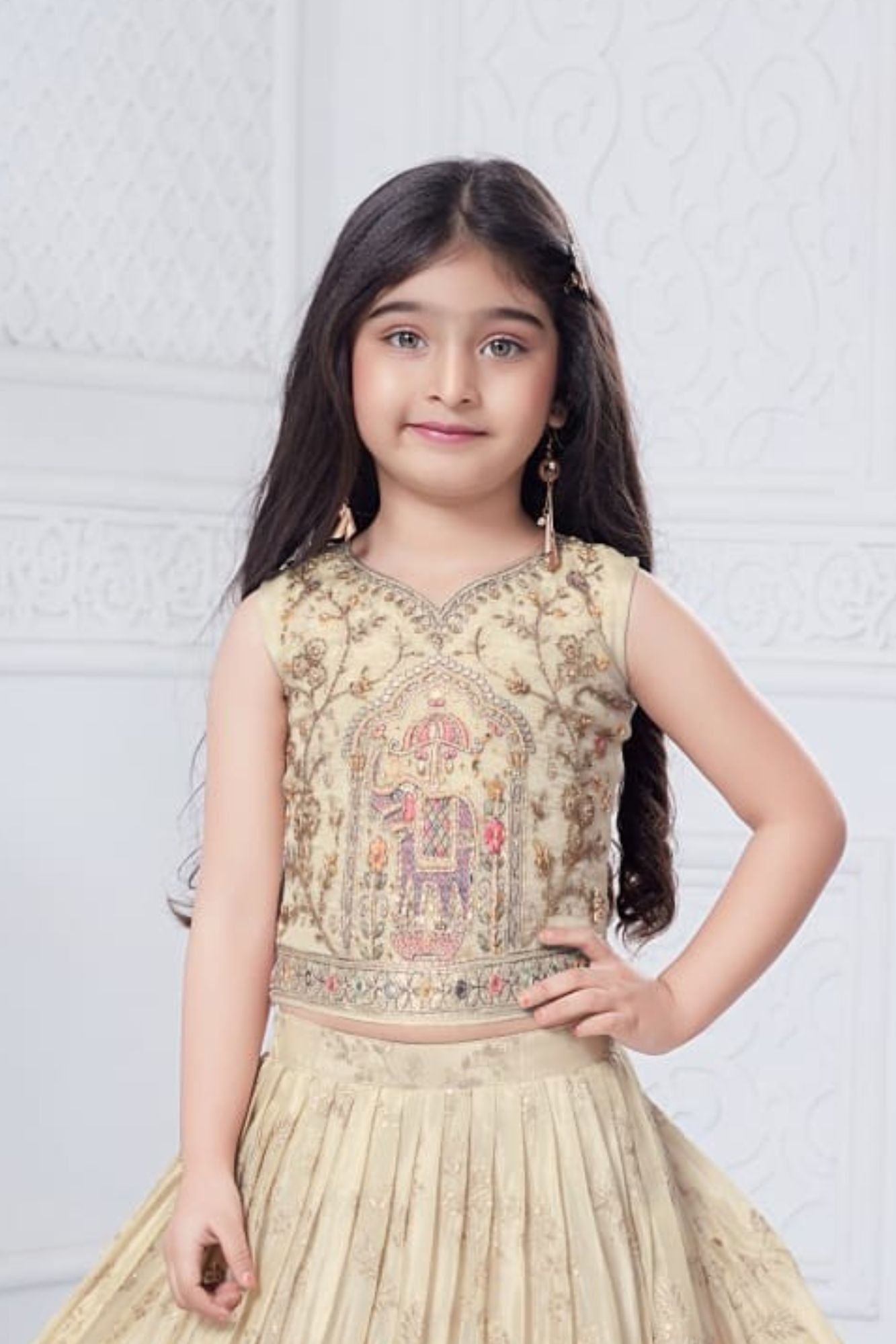 Cream Elephant Motif Lehenga Choli with Regal Zari Embroidery For Girls