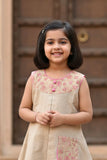 Beige Dress with Embroidered Yoke & Contrast Piping For Girls