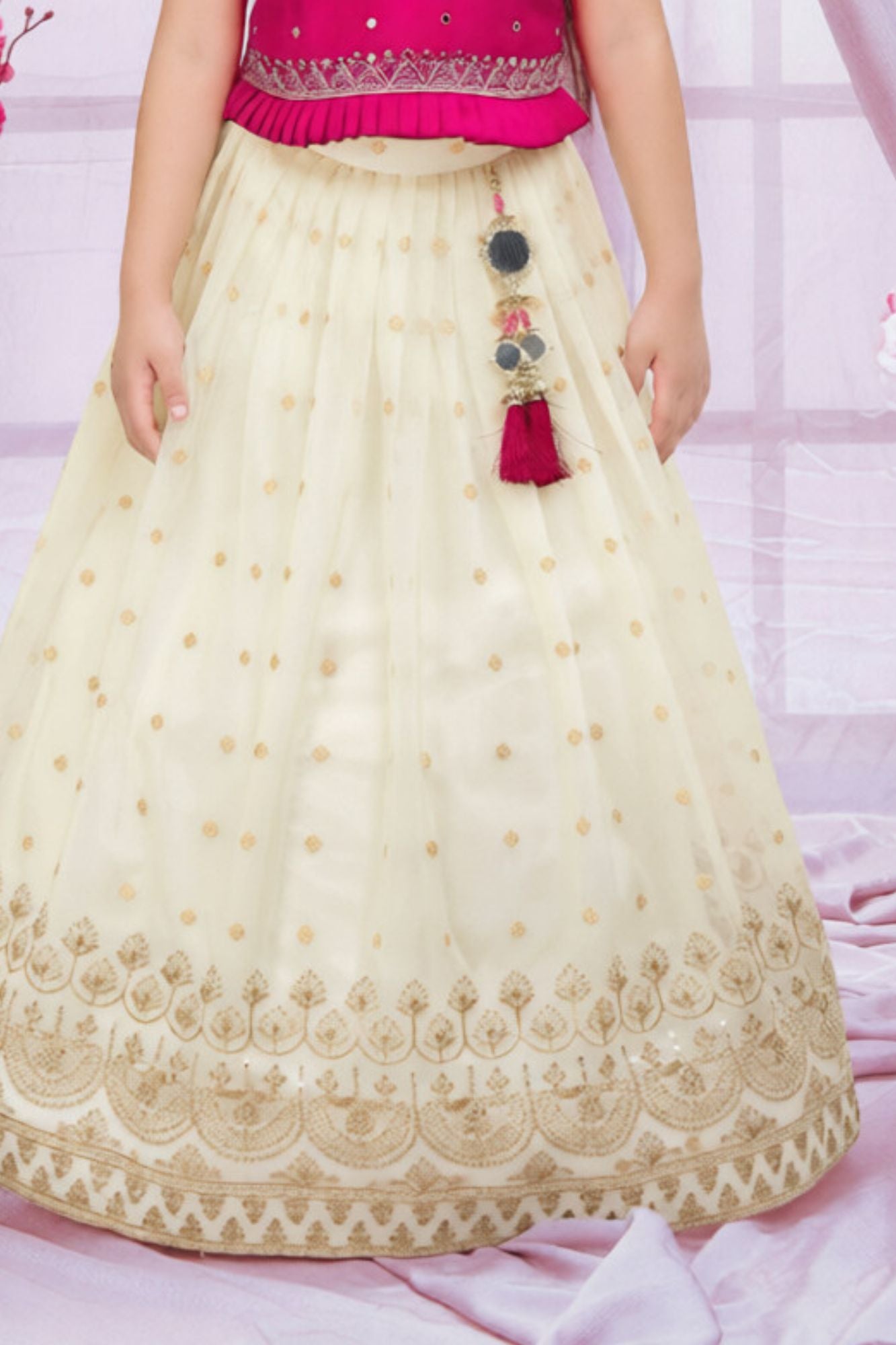 Magenta Embroidered Silk Pattu Pavadai with Puff Sleeves For Girls