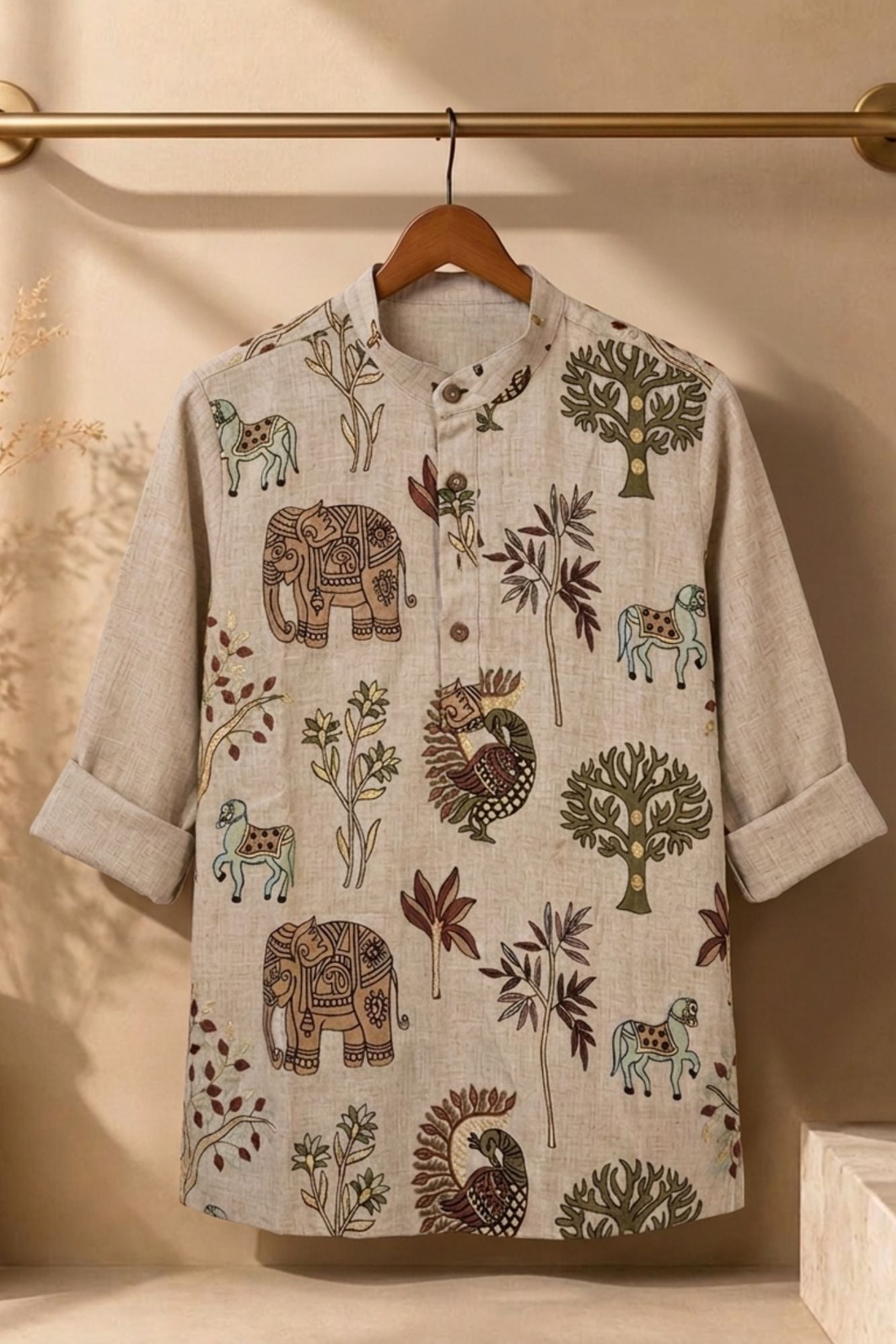 Beige Animal & Nature Embroidered Pure Linen Kurta