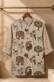 Beige Animal & Nature Embroidered Pure Linen Kurta